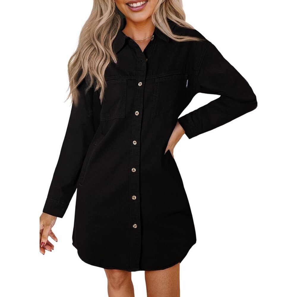 Women's Denim Dress Casual Long Sleeve Button Down with Pockets Large